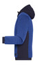 A blue men's padded hybrid jacket featuring a hood and textured fabric on one side. It has a branding logo.