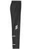 Black rain-pants with an elastic waistband and reflective details, featuring a side pocket. Has a logo.