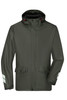A green rain jacket with a hood featuring reflective stripes and a logo. It has front pockets and a zip closure.