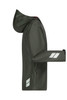 A green rain jacket with a hood and reflective accents, featuring a logo on the sleeve.