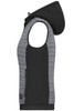 A padded hybrid vest in black and grey with a hood, featuring a zip and side pockets, and a logo.