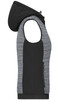 A black and grey ladies padded hybrid vest with a hood, featuring a zippered pocket and sleeveless design.