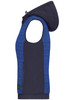 A hybrid vest featuring a navy and blue striped design, with a hood and a side zipper pocket. Brand logo present.