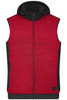 A red padded hybrid vest with a black hood and side pockets, featuring a logo on the front.