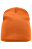 An orange knitted beanie with a simple, ribbed design and a slight slouch at the top.