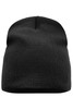 A black knitted beanie with a ribbed texture, featuring a logo on one side.