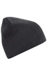 A knitted beanie in dark grey, featuring a simple design. It has a small branding logo on the side.