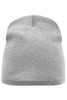 A grey beanie with a ribbed texture and a rounded top, featuring a logo on the side.