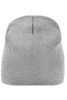 A grey beanie with a ribbed texture and a rounded shape, featuring a branding logo on the side.