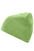 A green beanie displayed at an angle, featuring a snug, knitted texture and a rounded top. It has a logo.