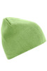 A green beanie featuring a textured fabric and a simple design. It has a logo present.