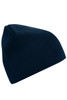 A navy blue beanie displayed on a white background, featuring a simple design and soft material.