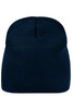 A navy blue beanie with a ribbed texture and a seamless crown, featuring a logo on one side.