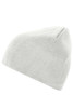 A light grey beanie with a knitted texture, featuring a logo on the side.
