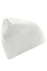 A beanie in a light grey colour with a simple, knitted texture and a small logo on one side.