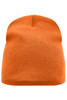 An orange beanie with a ribbed texture and a loose fit at the top, featuring a logo.