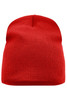 A red beanie with a ribbed texture and a rounded top. It features a logo.