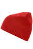 A red beanie with a snug fit, featuring a simple design and a logo.