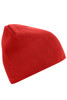 A red beanie with a fitted design. The product features a smooth texture and includes a logo.