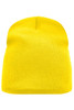 A yellow knitted beanie with a textured pattern and a rounded top. It features a branding logo.