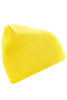 A yellow beanie with a soft texture and fitted design. It features a branding logo.