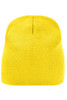 A yellow beanie with a soft, knit texture and a rounded top, featuring a logo on the exterior.