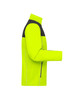 A bright yellow work jacket with a black upper section and a logo on the front.