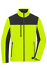 A soft shell jacket in bright yellow with black accents and a zip pocket, featuring a logo on the sleeve.