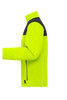 A bright yellow softshell jacket with black accents, featuring a zipper and a logo on the left side.
