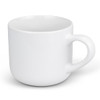 A white coffee mug with a rounded shape and a handle. It has a smooth, glossy finish and features a logo.