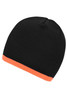 A black beanie with a contrasting orange edge, featuring a ribbed texture and a brand logo.