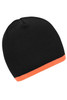 A black beanie with a contrast orange edge and a branding logo.