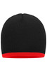 A black beanie with a red contrast edge. The beanie has a ribbed texture and features a logo.