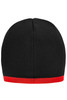 A black beanie with a contrasting red edge, featuring a plain design and no visible logos.