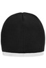 A black beanie with a contrast white edge, featuring a fitted knit design and a logo on one side.