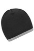 A beanie featuring a black design with a contrasting grey edge, made from a soft knitted material and includes a logo.