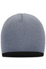 A beanie featuring a grey body and a black contrast edge, with a ribbed texture. It has a logo on the side.