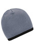 A beanie in grey with a black contrast edge, featuring a knitted texture and a rounded crown. Includes a logo.