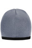 A beanie in grey with a contrast edge, featuring a snug, ribbed texture and a logo on the side.