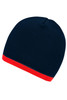 A navy beanie with a contrasting red edge and a simple design. It includes a branding logo.
