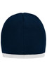 A navy beanie with a white contrast edge, featuring a logo on the side.