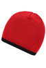 A red beanie with a black contrast edge, featuring a simple knitted design. It has a small logo.