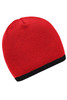 A red beanie with a black contrast edge, featuring a logo.