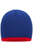 A beanie with a blue body and a red contrast edge, featuring a logo on the side.
