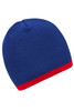 A blue beanie with a red contrast edge, featuring a logo.