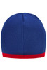 A beanie with a blue body and a red contrast edge, featuring a logo on the side.