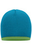 A beanie with a bright blue body and a contrasting green edge, featuring a logo on the side.