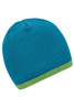 A beanie in vibrant blue with a contrasting green edge, featuring a logo.
