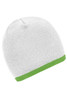 A white beanie with a green contrast edge, featuring a snug fit and a knitted texture.