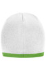 A beanie with a white body and a green contrast edge, featuring a textured knit design and a brand logo.